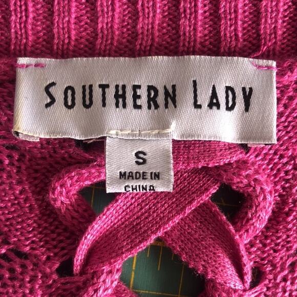 Pink Southern Lady Open Cardigan Sweater Lace Up Back 3/4 Sleeves size Small - Picture 3 of 5